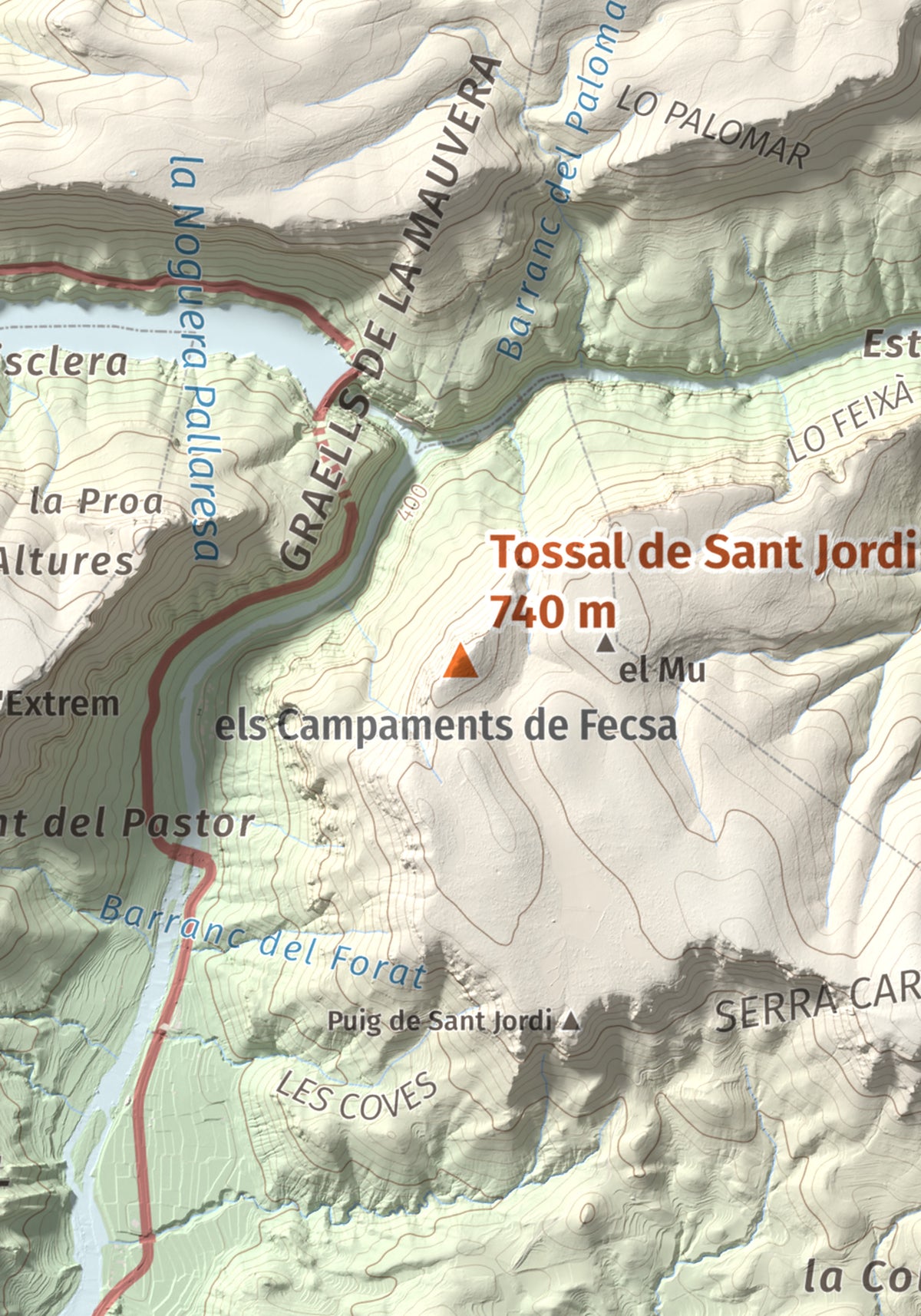 Mapa de relieve de Tossal de Sant Jordi, 740 m, Noguera, lámina 100 Cims de Trobart. Detalle de la zona central. 21 × 30 cm.