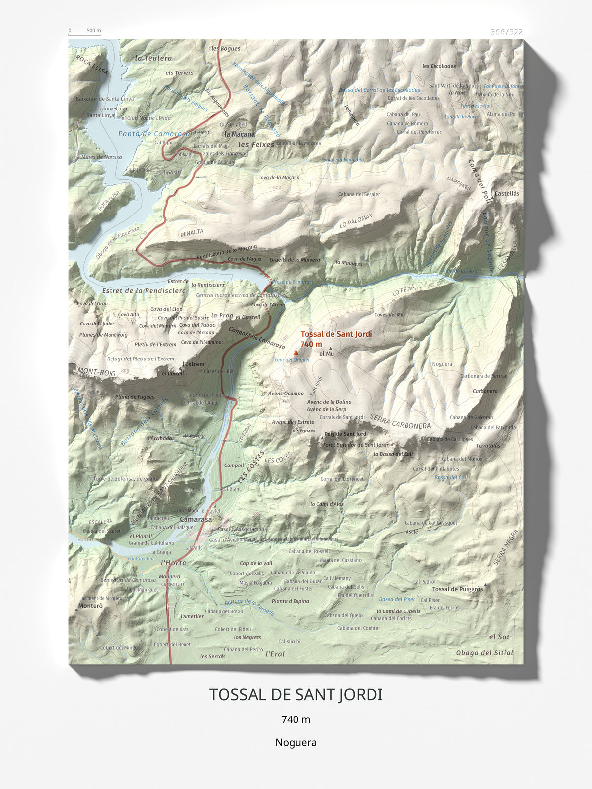 Mapa de relieve de Tossal de Sant Jordi, 740 m, Noguera, lámina 100 Cims de Trobart 30 × 40 cm.