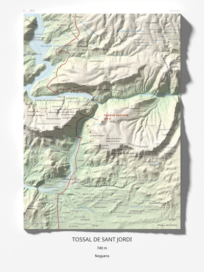 Mapa de relieve de Tossal de Sant Jordi, 740 m, Noguera, lámina 100 Cims de Trobart 30 × 40 cm.