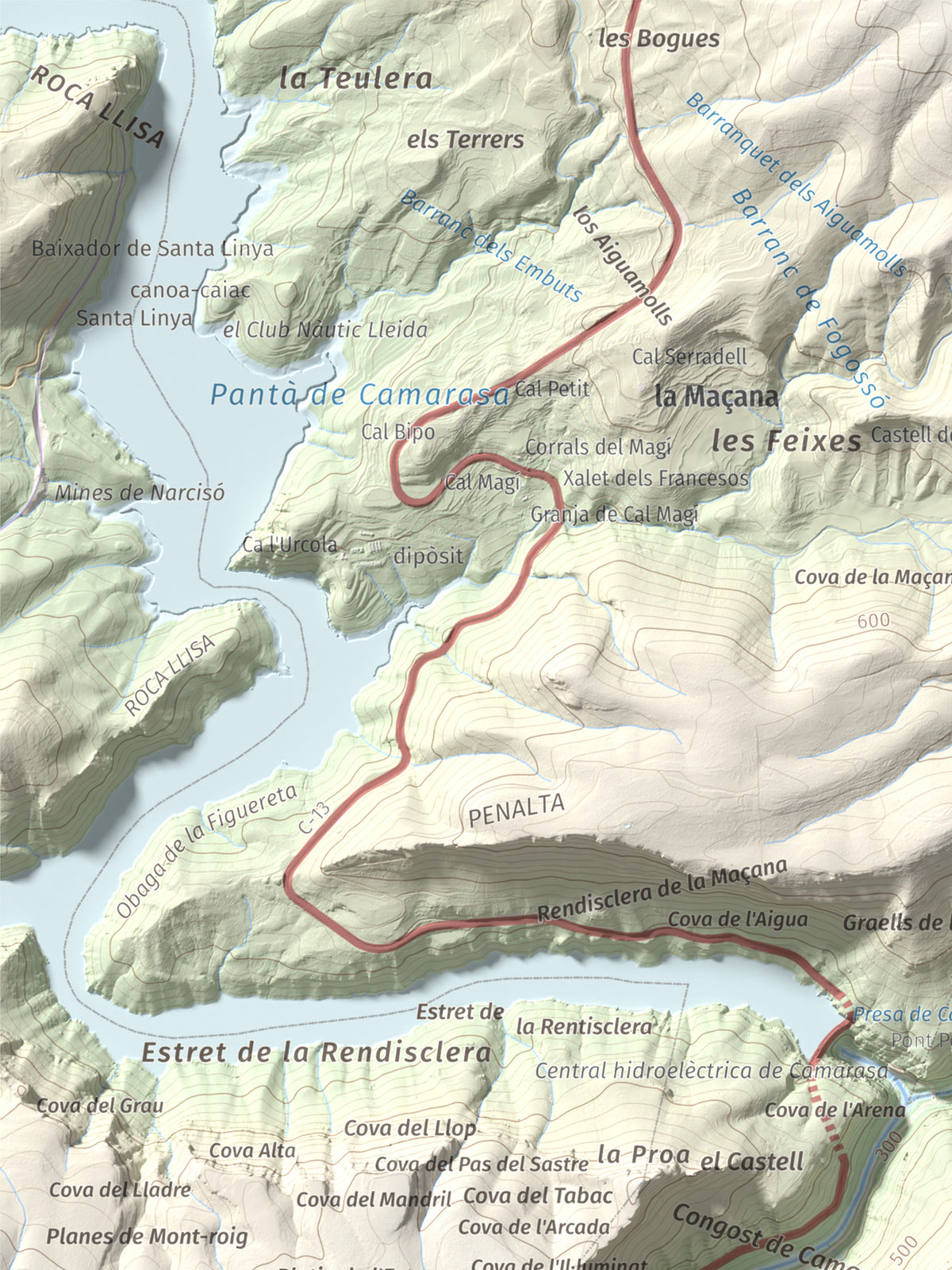 Mapa de relieve de Tossal de Sant Jordi, 740 m, Noguera, lámina 100 Cims de Trobart. Detalle de la zona superior izquierda. 30 × 40 cm.