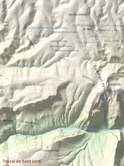 Mapa de relieve de Tossal de Sant Jordi, 740 m, Noguera, lámina 100 Cims de Trobart. Detalle de la zona superior derecha. 30 × 40 cm.