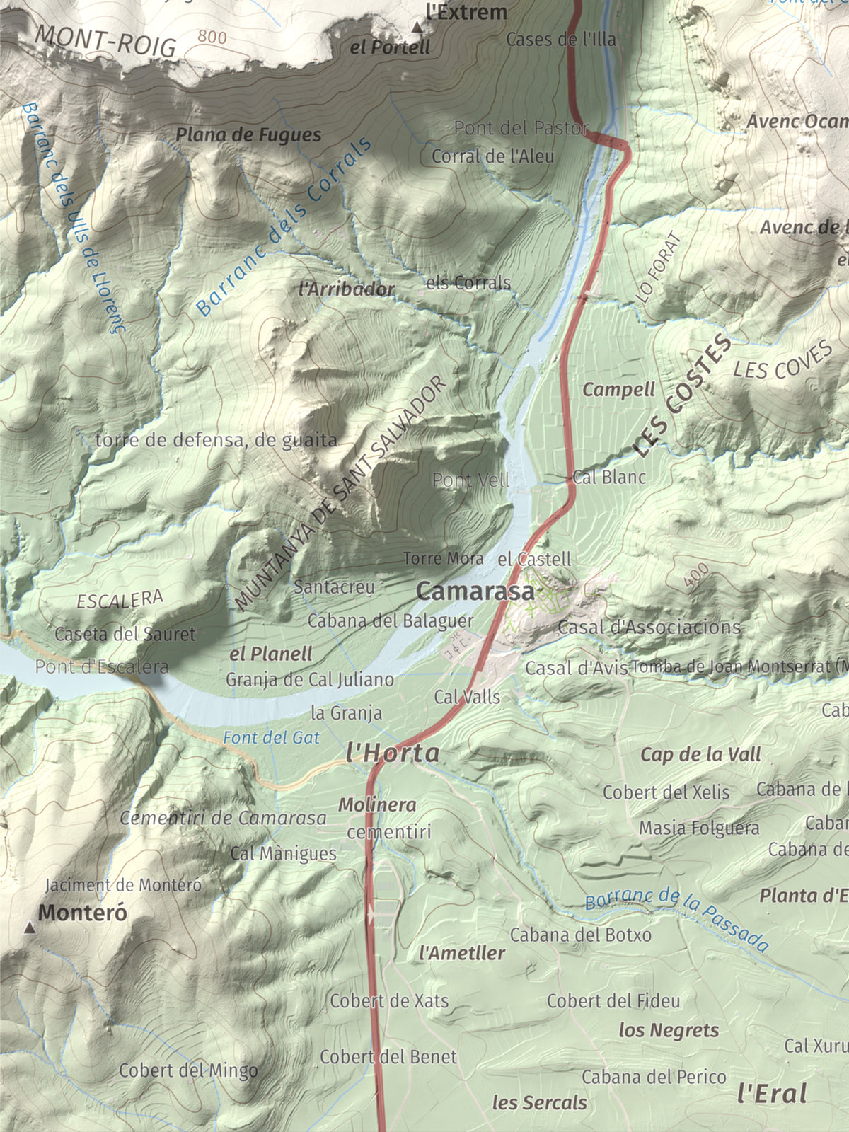 Mapa de relieve de Tossal de Sant Jordi, 740 m, Noguera, lámina 100 Cims de Trobart. Detalle de la zona inferior izquierda. 30 × 40 cm.