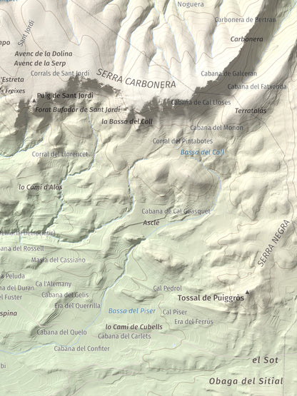 Mapa de relieve de Tossal de Sant Jordi, 740 m, Noguera, lámina 100 Cims de Trobart. Detalle de la zona inferior derecha. 30 × 40 cm.