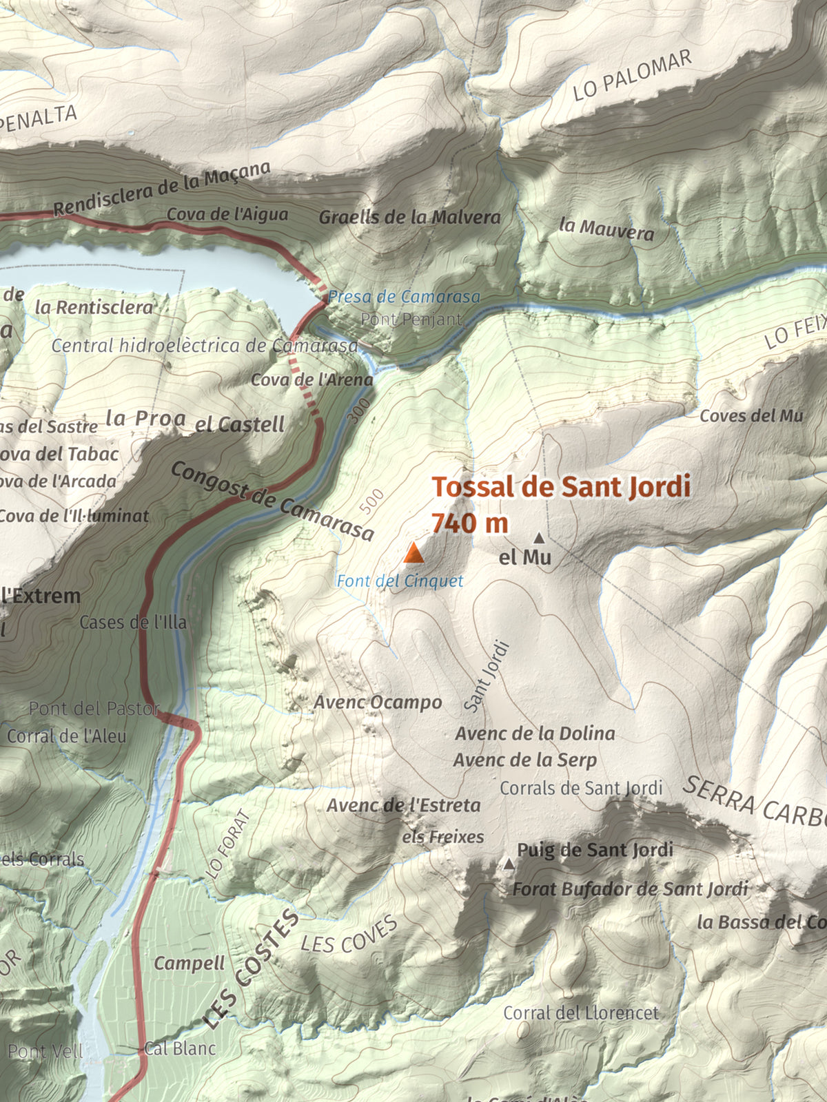 Mapa de relieve de Tossal de Sant Jordi, 740 m, Noguera, lámina 100 Cims de Trobart. Detalle de la zona central. 30 × 40 cm.