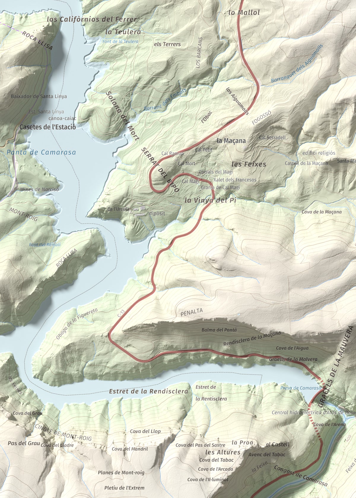 Mapa de relieve de Tossal de Sant Jordi, 740 m, Noguera, lámina 100 Cims de Trobart. Detalle de la zona superior izquierda. 50 × 70 cm.