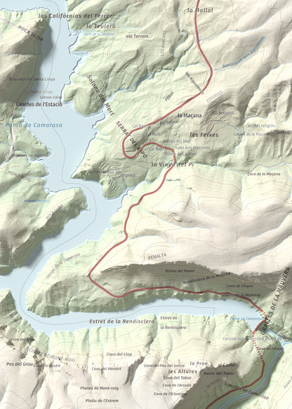 Mapa de relieve de Tossal de Sant Jordi, 740 m, Noguera, lámina 100 Cims de Trobart. Detalle de la zona superior izquierda. 50 × 70 cm.