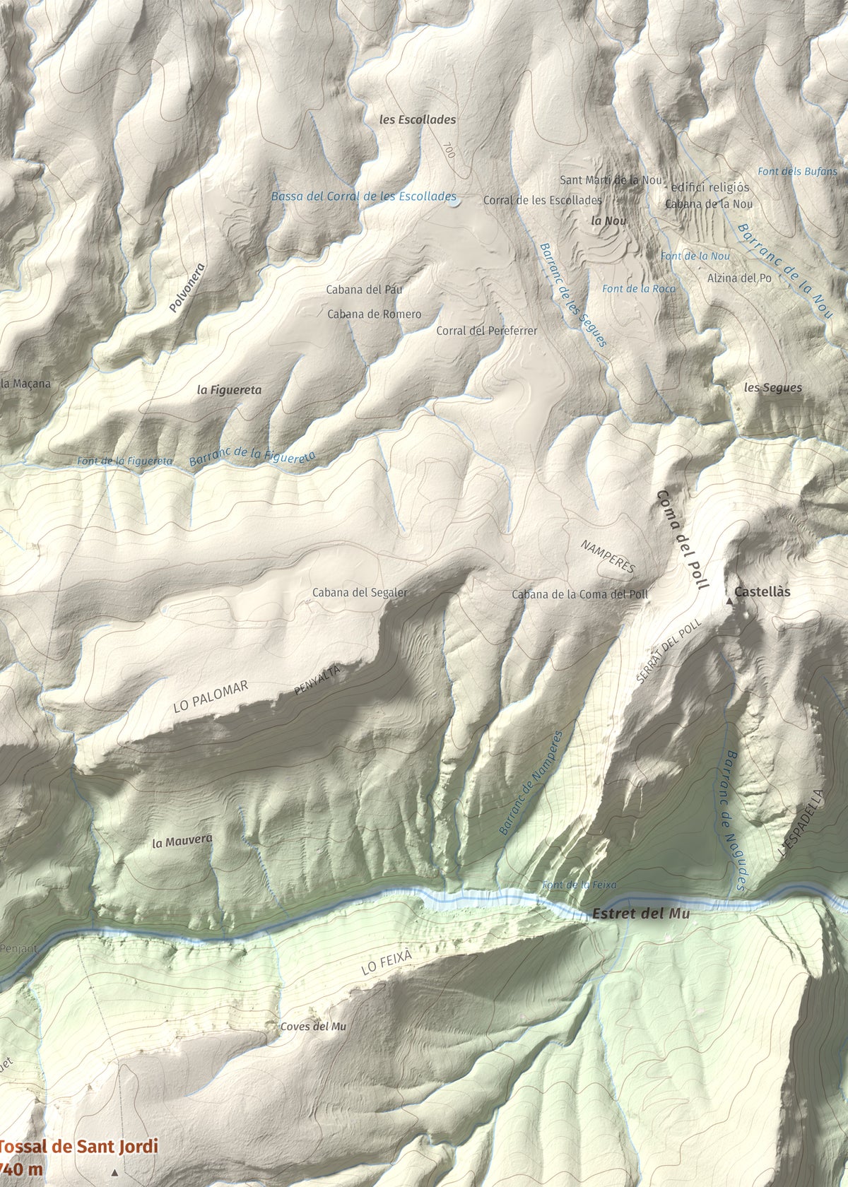 Mapa de relieve de Tossal de Sant Jordi, 740 m, Noguera, lámina 100 Cims de Trobart. Detalle de la zona superior derecha. 50 × 70 cm.