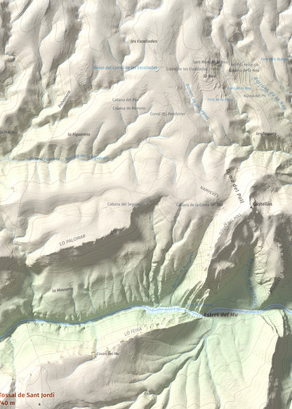Mapa de relieve de Tossal de Sant Jordi, 740 m, Noguera, lámina 100 Cims de Trobart. Detalle de la zona superior derecha. 50 × 70 cm.