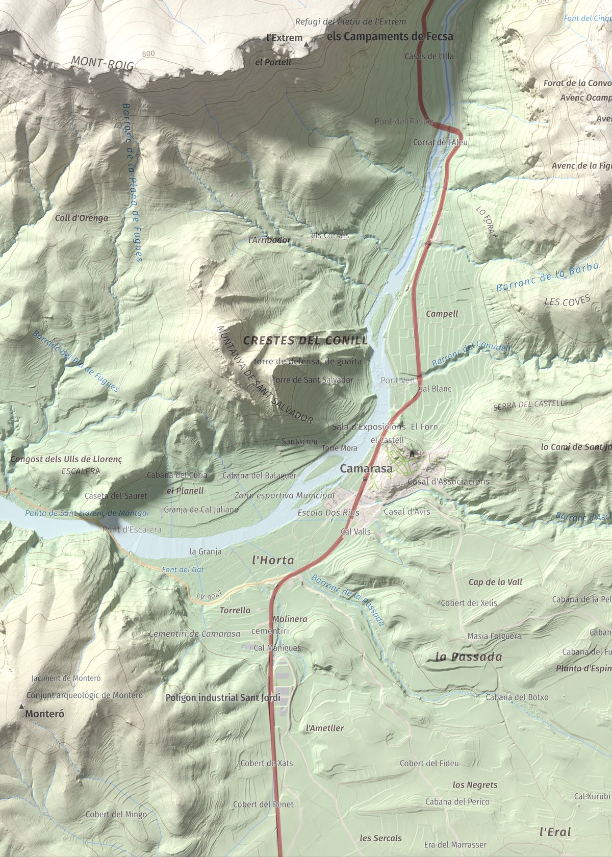 Mapa de relieve de Tossal de Sant Jordi, 740 m, Noguera, lámina 100 Cims de Trobart. Detalle de la zona inferior izquierda. 50 × 70 cm.