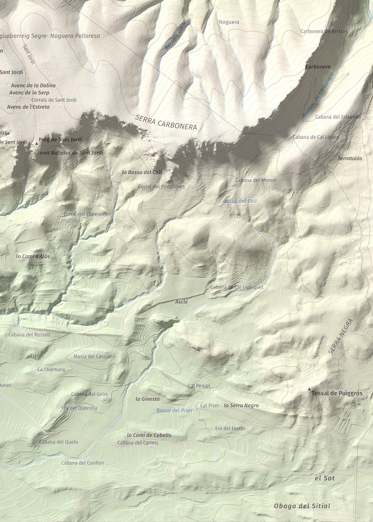 Mapa de relieve de Tossal de Sant Jordi, 740 m, Noguera, lámina 100 Cims de Trobart. Detalle de la zona inferior derecha. 50 × 70 cm.