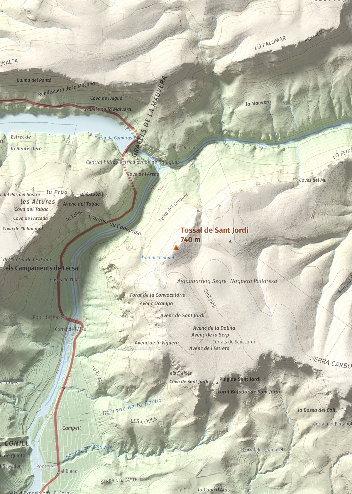Mapa de relieve de Tossal de Sant Jordi, 740 m, Noguera, lámina 100 Cims de Trobart. Detalle de la zona central. 50 × 70 cm.
