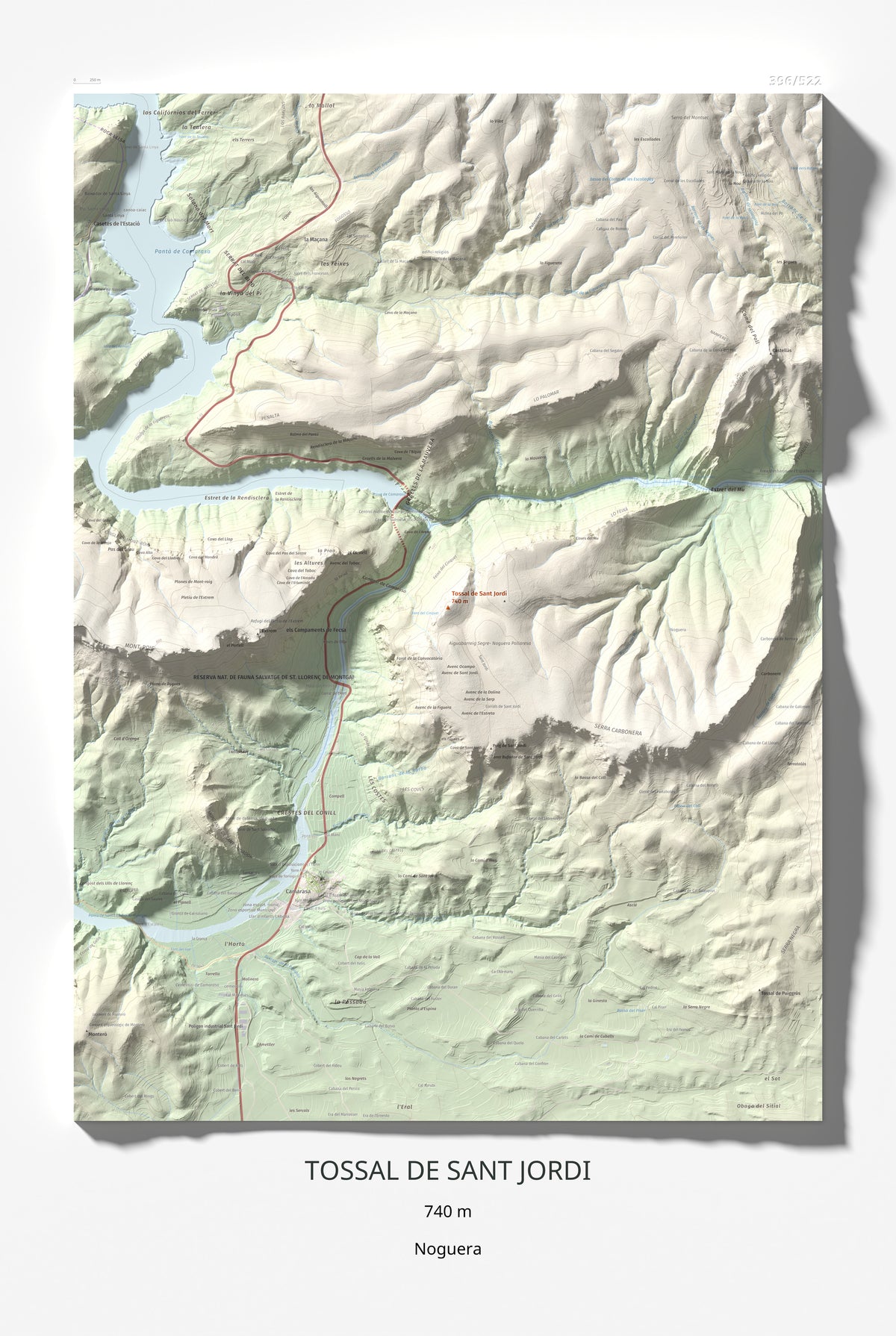Mapa de relieve de Tossal de Sant Jordi, 740 m, Noguera, lámina 100 Cims de Trobart 61 × 91 cm.