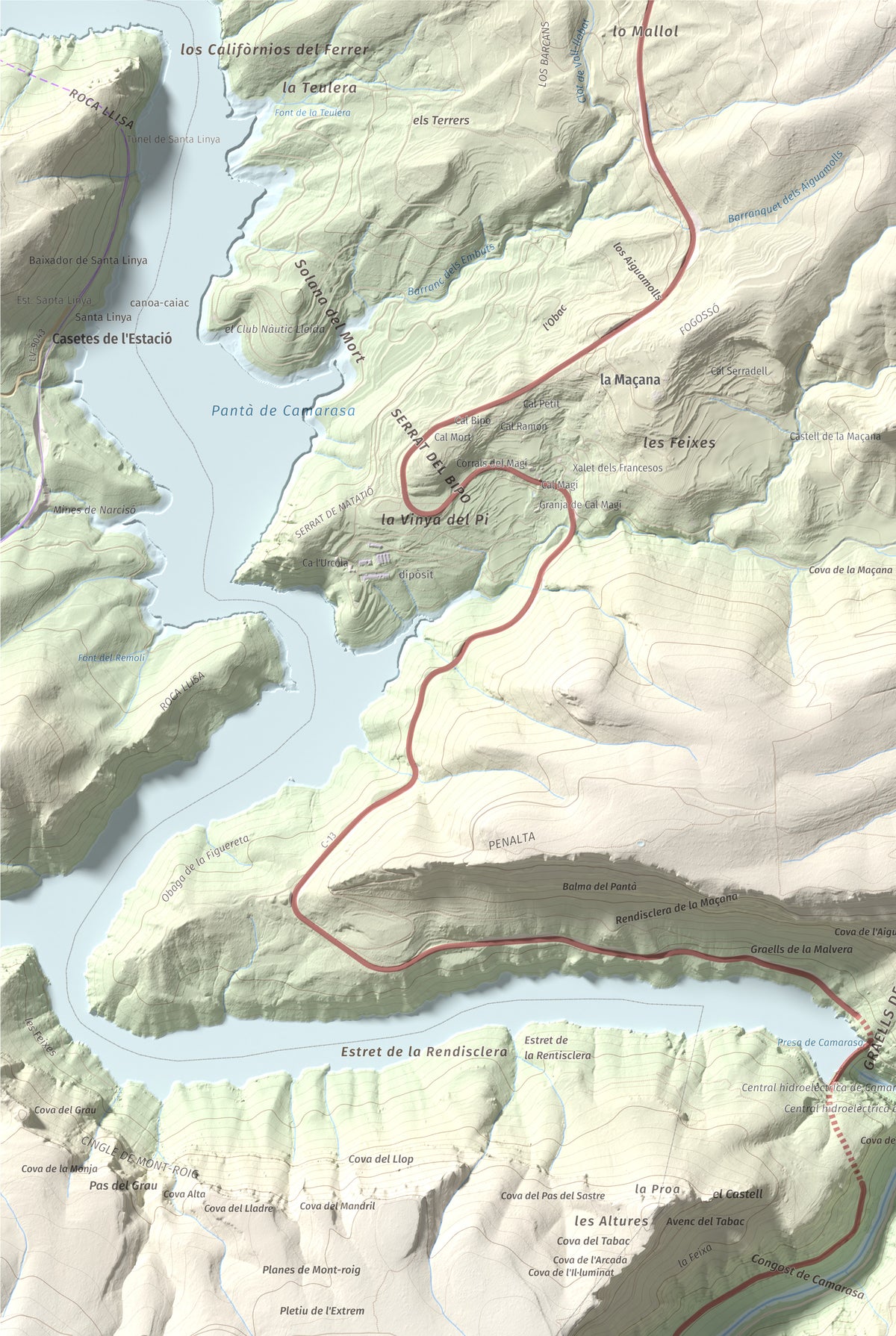Mapa de relieve de Tossal de Sant Jordi, 740 m, Noguera, lámina 100 Cims de Trobart. Detalle de la zona superior izquierda. 61 × 91 cm.