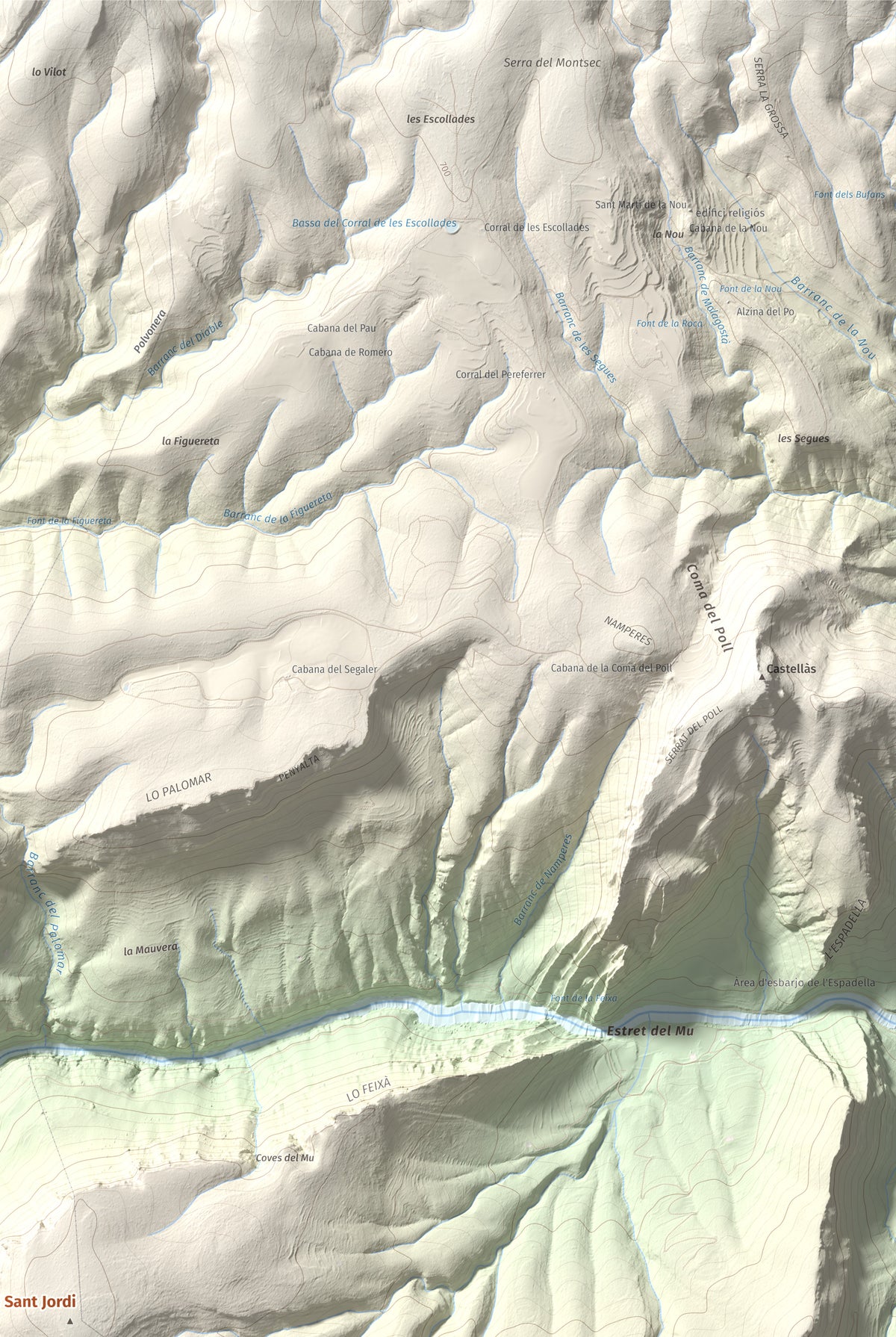 Mapa de relieve de Tossal de Sant Jordi, 740 m, Noguera, lámina 100 Cims de Trobart. Detalle de la zona superior derecha. 61 × 91 cm.
