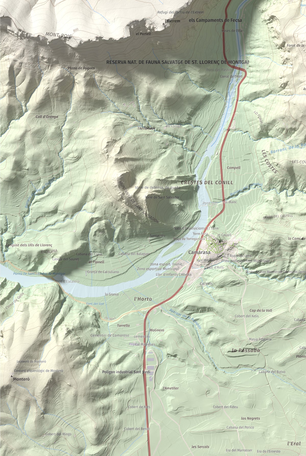 Mapa de relieve de Tossal de Sant Jordi, 740 m, Noguera, lámina 100 Cims de Trobart. Detalle de la zona inferior izquierda. 61 × 91 cm.