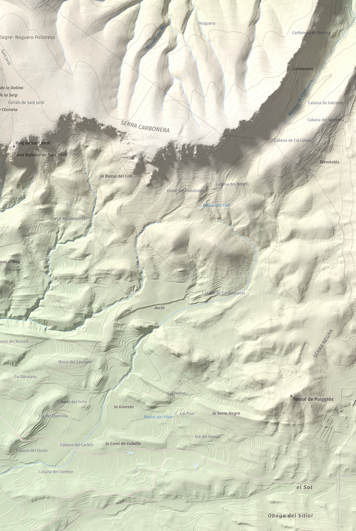 Mapa de relieve de Tossal de Sant Jordi, 740 m, Noguera, lámina 100 Cims de Trobart. Detalle de la zona inferior derecha. 61 × 91 cm.