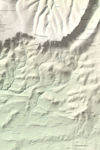 Mapa de relieve de Tossal de Sant Jordi, 740 m, Noguera, lámina 100 Cims de Trobart. Detalle de la zona inferior derecha. 61 × 91 cm.