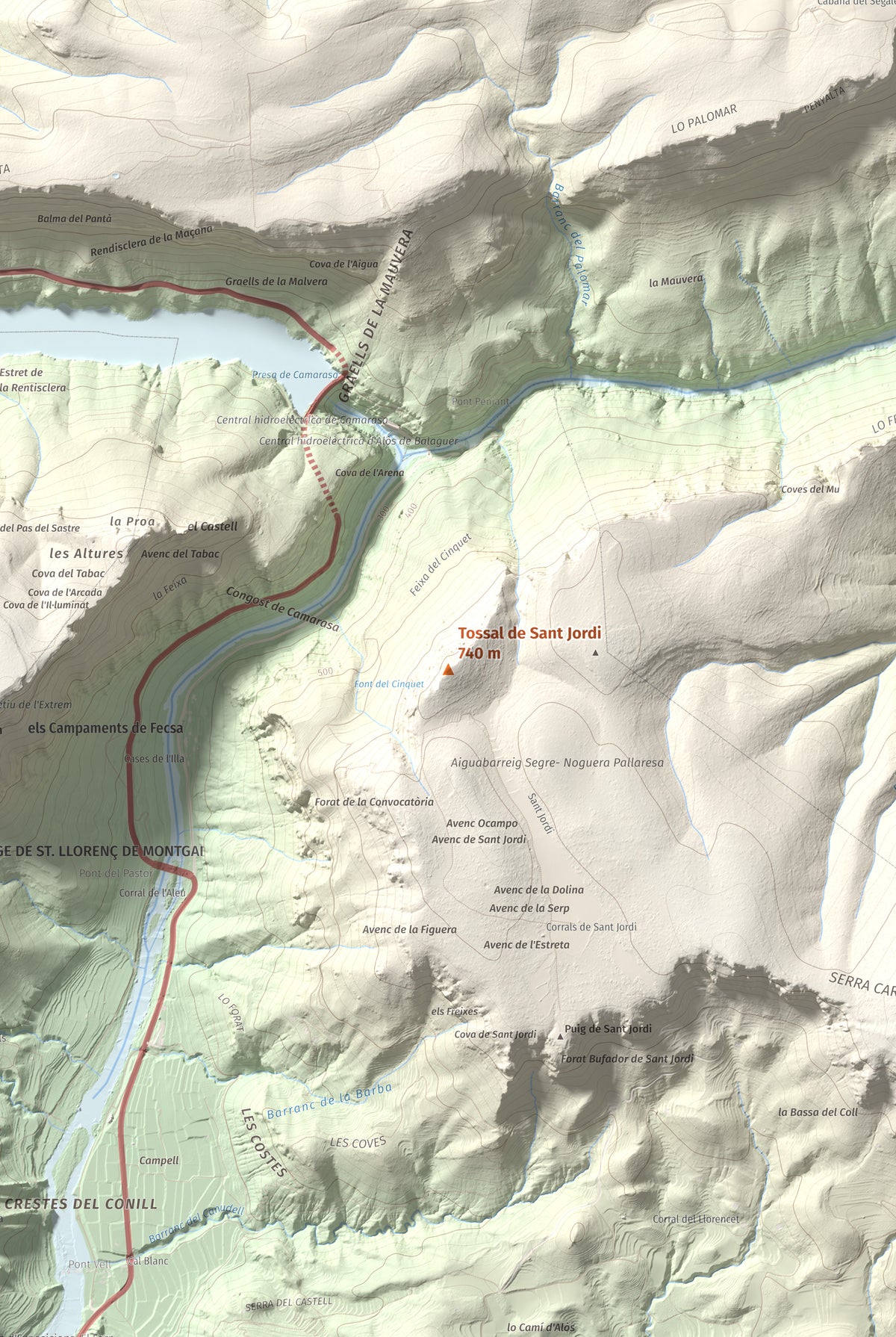 Mapa de relieve de Tossal de Sant Jordi, 740 m, Noguera, lámina 100 Cims de Trobart. Detalle de la zona central. 61 × 91 cm.