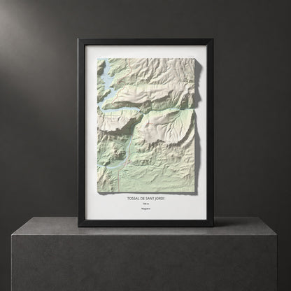 Mapa de relieve de Tossal de Sant Jordi, 740 m, Noguera, lámina 100 Cims de Trobart. Presentación enmarcada. 70 × 100 cm.