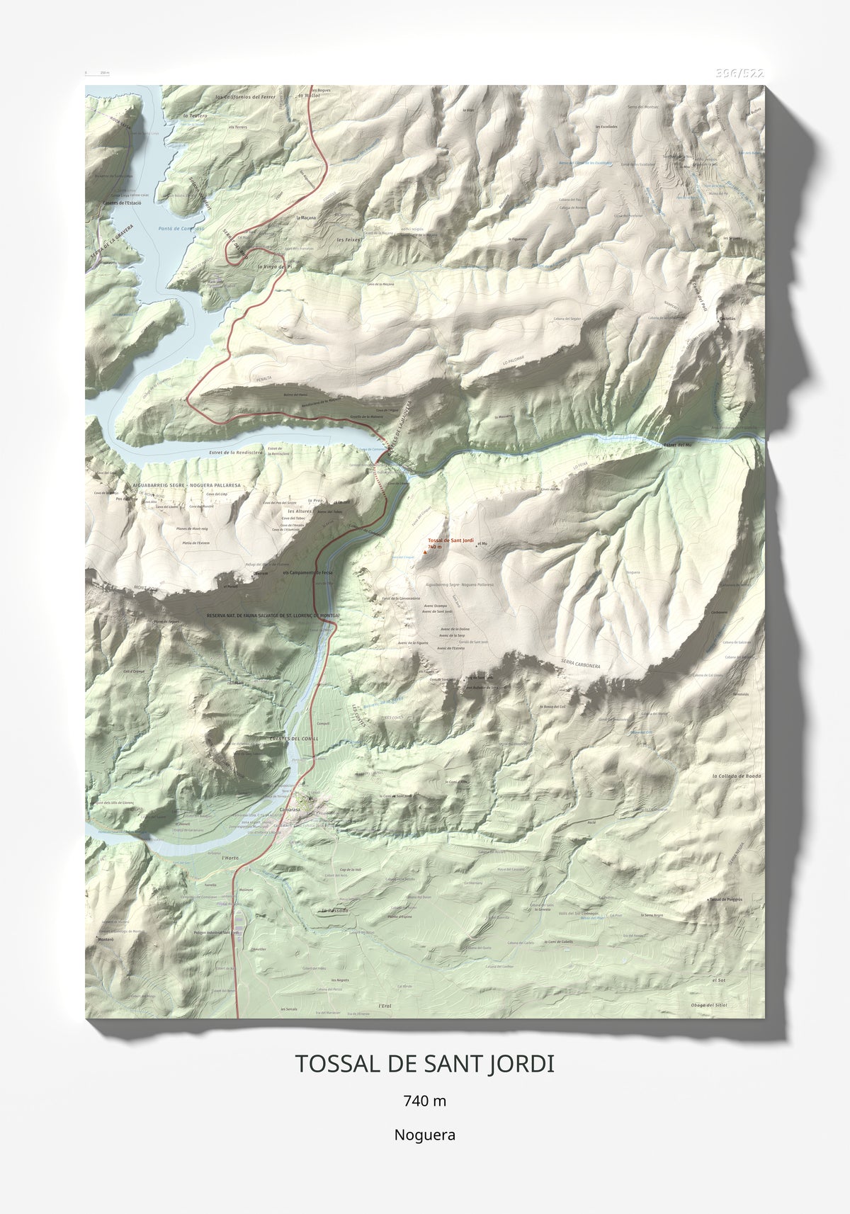 Mapa de relieve de Tossal de Sant Jordi, 740 m, Noguera, lámina 100 Cims de Trobart 70 × 100 cm.