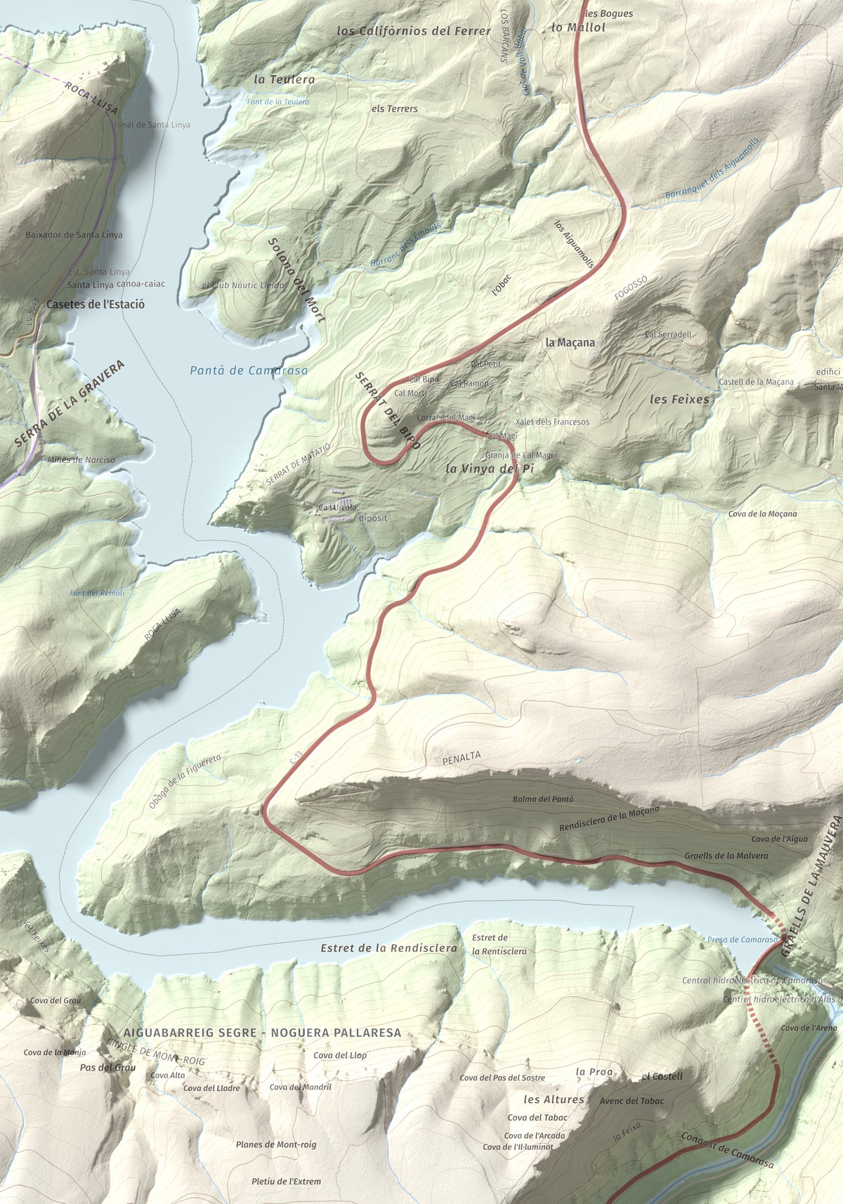 Mapa de relieve de Tossal de Sant Jordi, 740 m, Noguera, lámina 100 Cims de Trobart. Detalle de la zona superior izquierda. 70 × 100 cm.