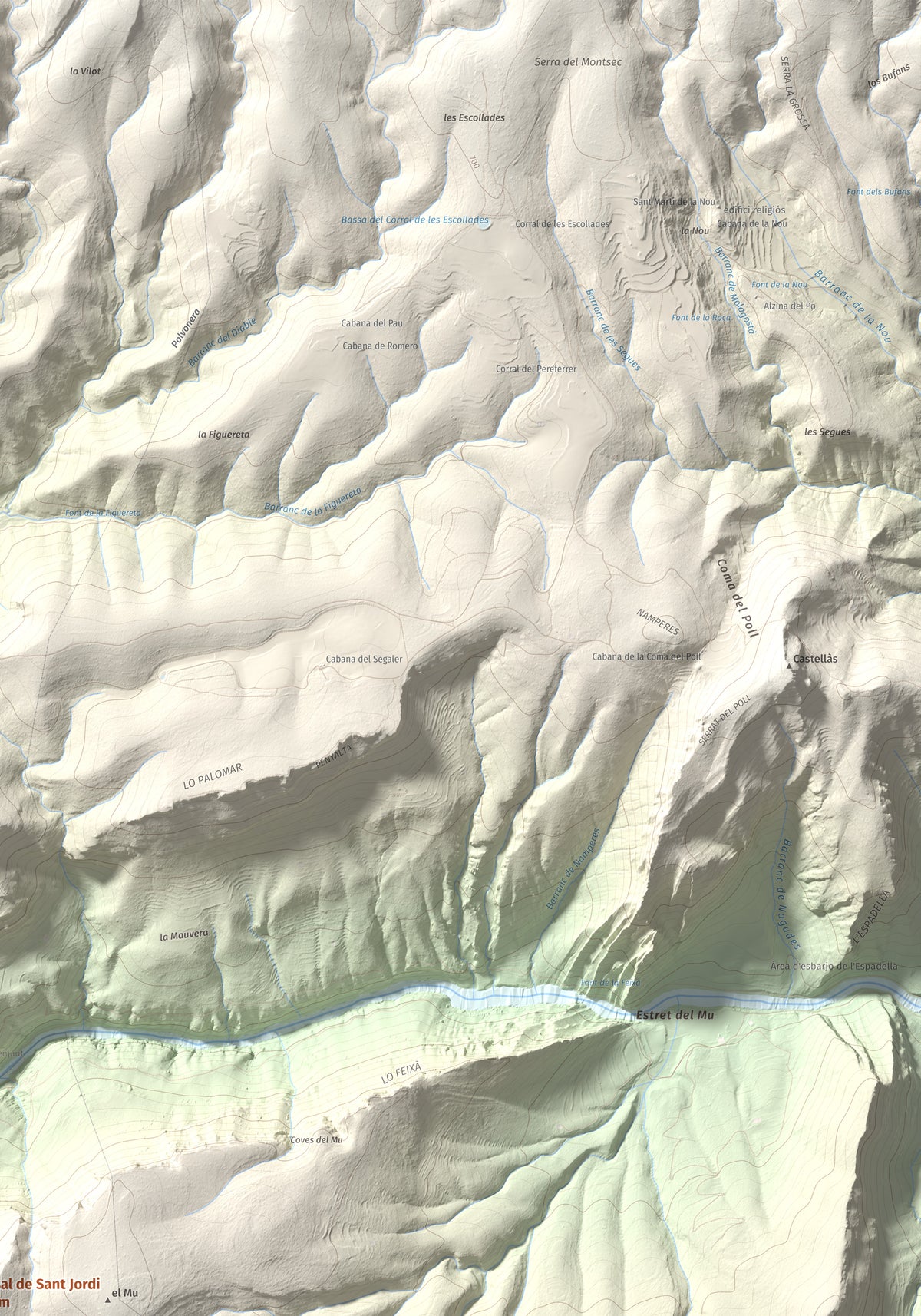 Mapa de relieve de Tossal de Sant Jordi, 740 m, Noguera, lámina 100 Cims de Trobart. Detalle de la zona superior derecha. 70 × 100 cm.