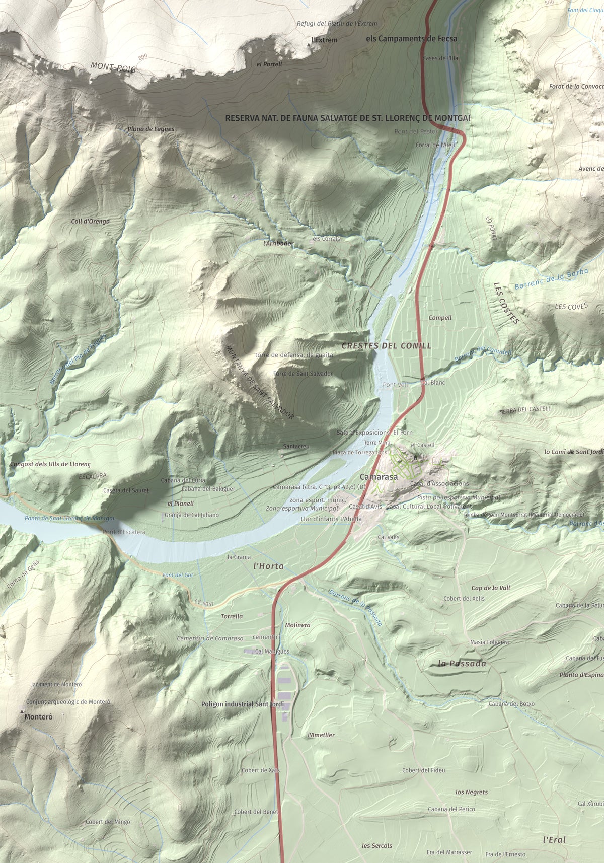 Mapa de relieve de Tossal de Sant Jordi, 740 m, Noguera, lámina 100 Cims de Trobart. Detalle de la zona inferior izquierda. 70 × 100 cm.