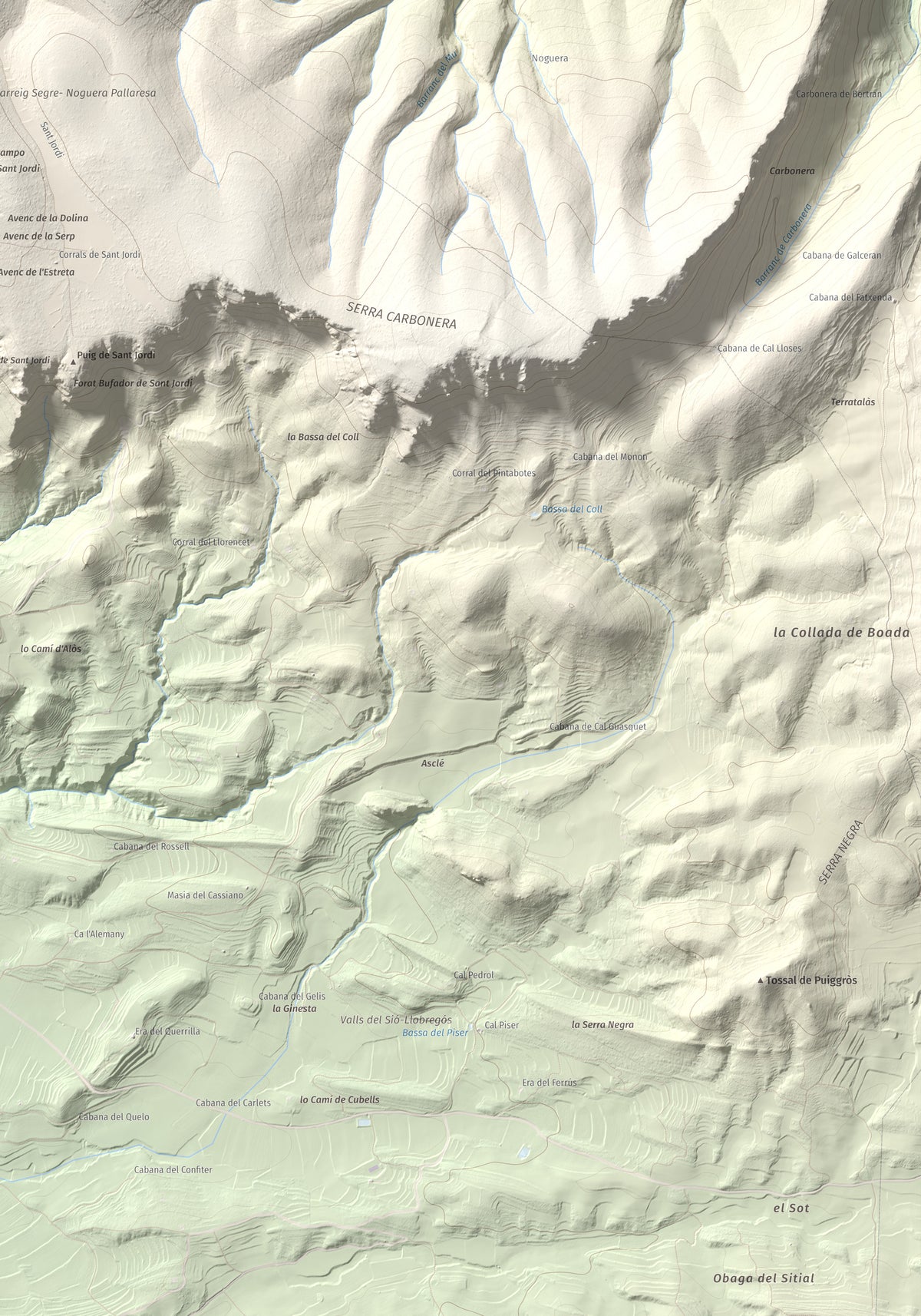 Mapa de relieve de Tossal de Sant Jordi, 740 m, Noguera, lámina 100 Cims de Trobart. Detalle de la zona inferior derecha. 70 × 100 cm.