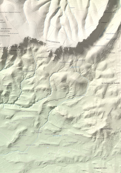 Mapa de relieve de Tossal de Sant Jordi, 740 m, Noguera, lámina 100 Cims de Trobart. Detalle de la zona inferior derecha. 70 × 100 cm.