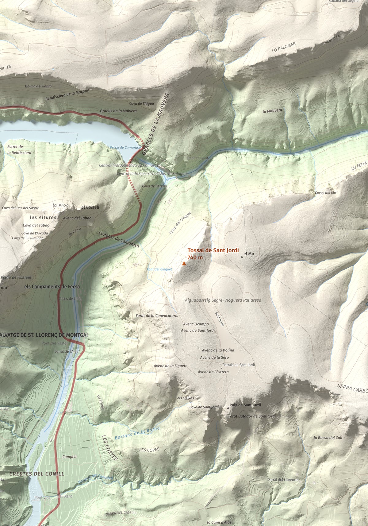 Mapa de relieve de Tossal de Sant Jordi, 740 m, Noguera, lámina 100 Cims de Trobart. Detalle de la zona central. 70 × 100 cm.