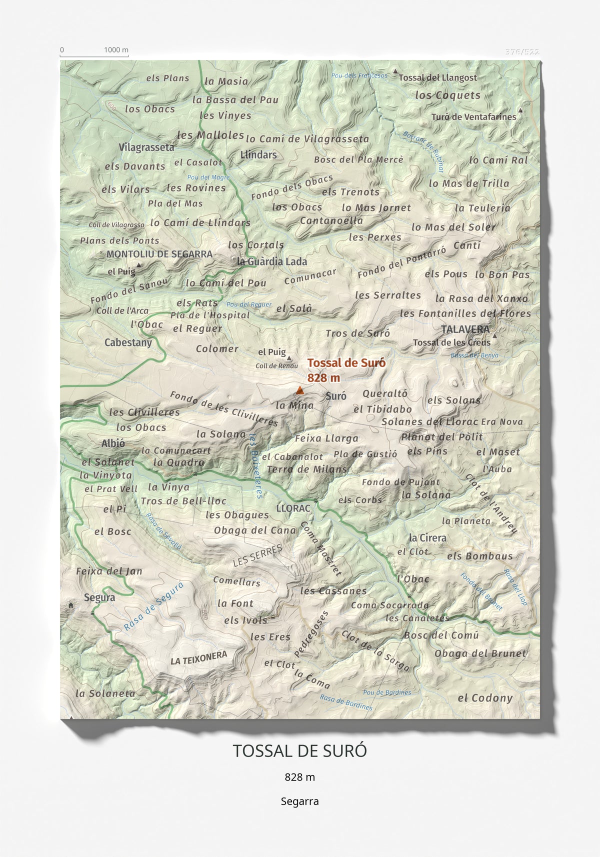 Mapa de relieve de Tossal de Suró, 828 m, Segarra, lámina 100 Cims de Trobart 21 × 30 cm.