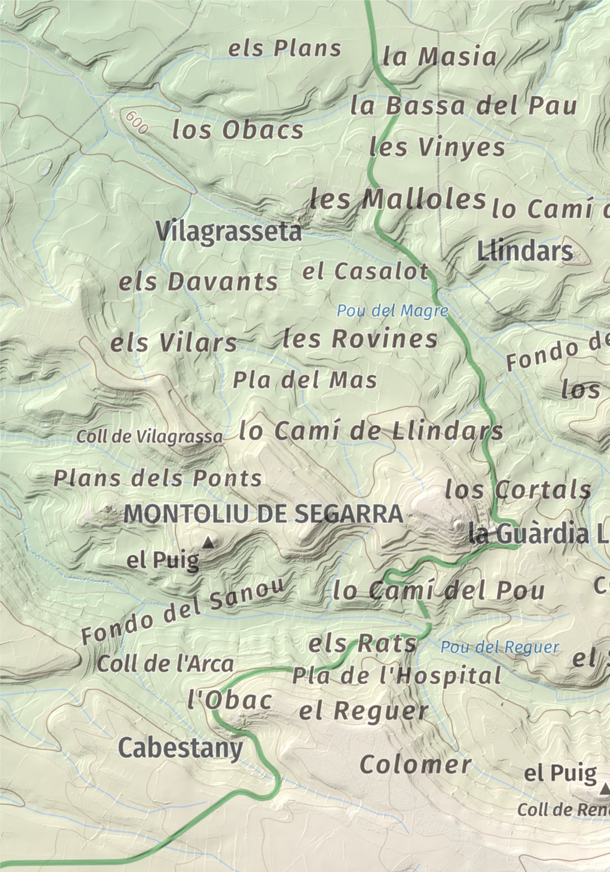 Mapa de relieve de Tossal de Suró, 828 m, Segarra, lámina 100 Cims de Trobart. Detalle de la zona superior izquierda. 21 × 30 cm.