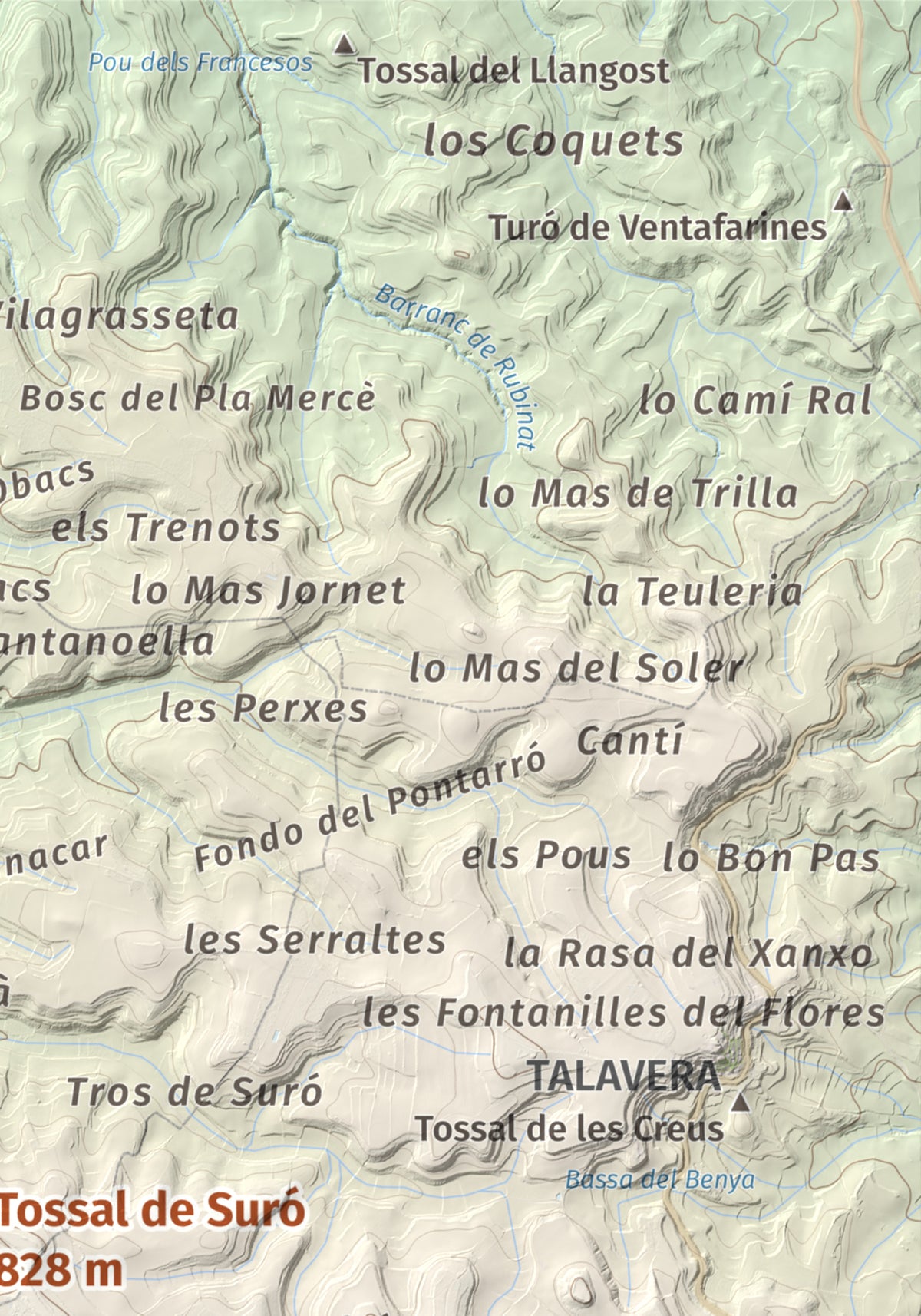 Mapa de relieve de Tossal de Suró, 828 m, Segarra, lámina 100 Cims de Trobart. Detalle de la zona superior derecha. 21 × 30 cm.