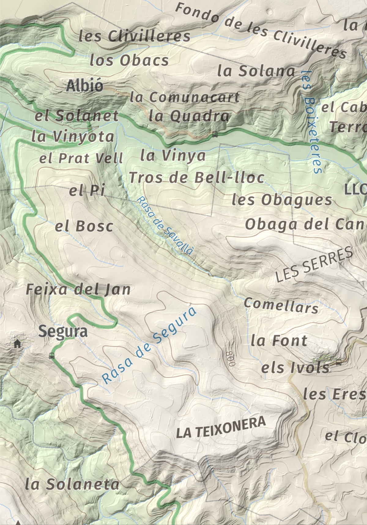Mapa de relieve de Tossal de Suró, 828 m, Segarra, lámina 100 Cims de Trobart. Detalle de la zona inferior izquierda. 21 × 30 cm.