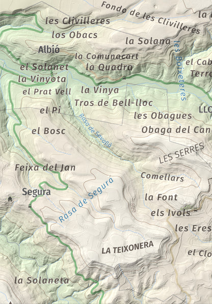 Mapa de relieve de Tossal de Suró, 828 m, Segarra, lámina 100 Cims de Trobart. Detalle de la zona inferior izquierda. 21 × 30 cm.