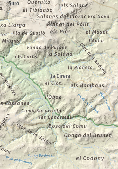 Mapa de relieve de Tossal de Suró, 828 m, Segarra, lámina 100 Cims de Trobart. Detalle de la zona inferior derecha. 21 × 30 cm.