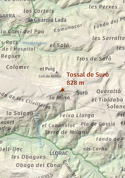 Mapa de relieve de Tossal de Suró, 828 m, Segarra, lámina 100 Cims de Trobart. Detalle de la zona central. 21 × 30 cm.