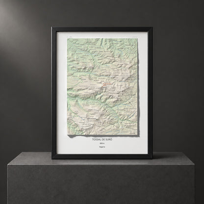 Mapa de relieve de Tossal de Suró, 828 m, Segarra, lámina 100 Cims de Trobart. Presentación enmarcada. 30 × 40 cm.