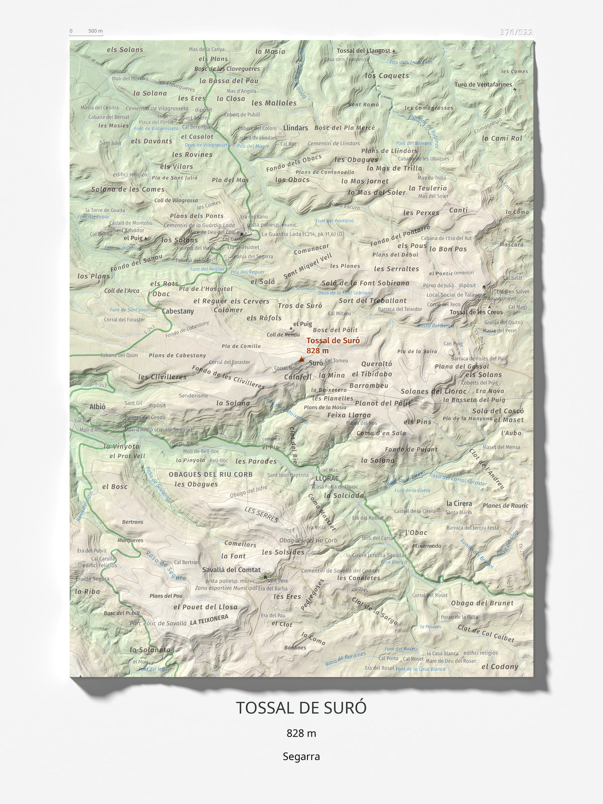 Mapa de relieve de Tossal de Suró, 828 m, Segarra, lámina 100 Cims de Trobart 30 × 40 cm.