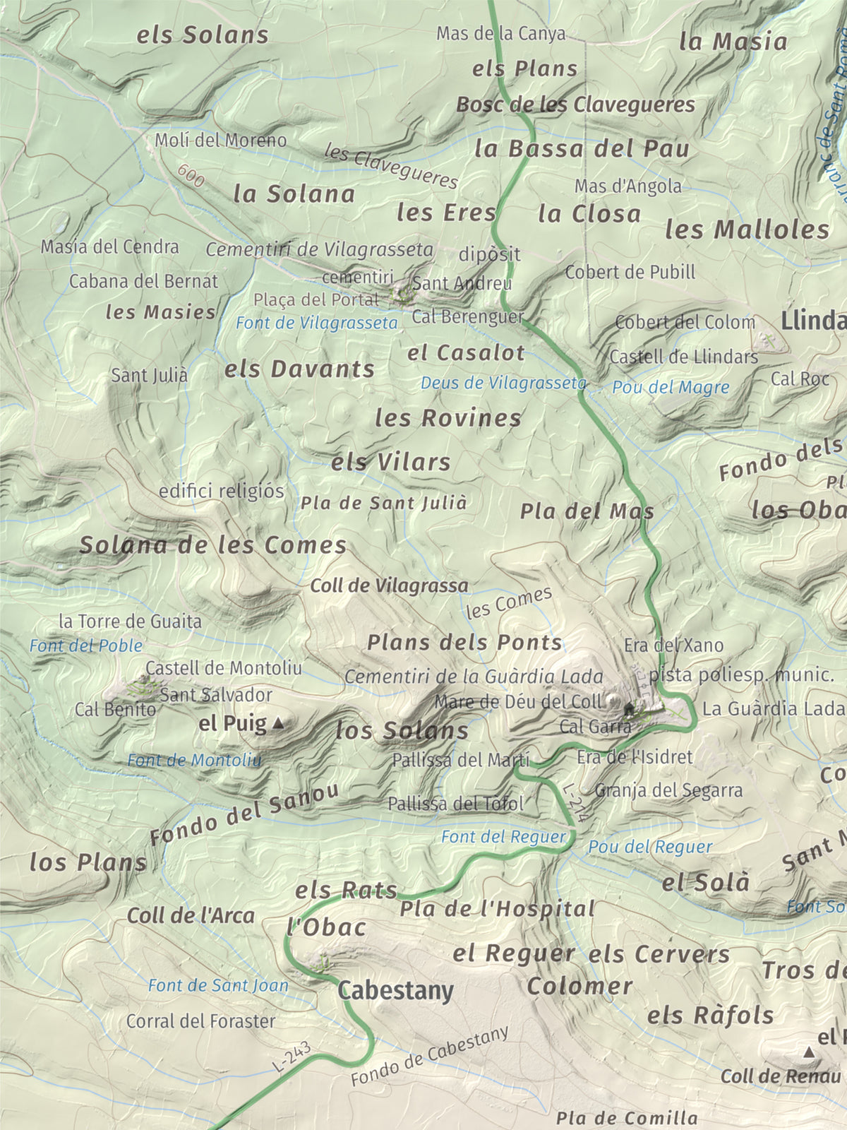 Mapa de relieve de Tossal de Suró, 828 m, Segarra, lámina 100 Cims de Trobart. Detalle de la zona superior izquierda. 30 × 40 cm.