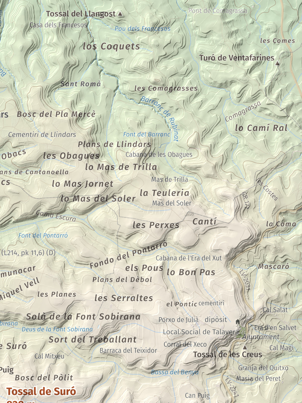Mapa de relieve de Tossal de Suró, 828 m, Segarra, lámina 100 Cims de Trobart. Detalle de la zona superior derecha. 30 × 40 cm.