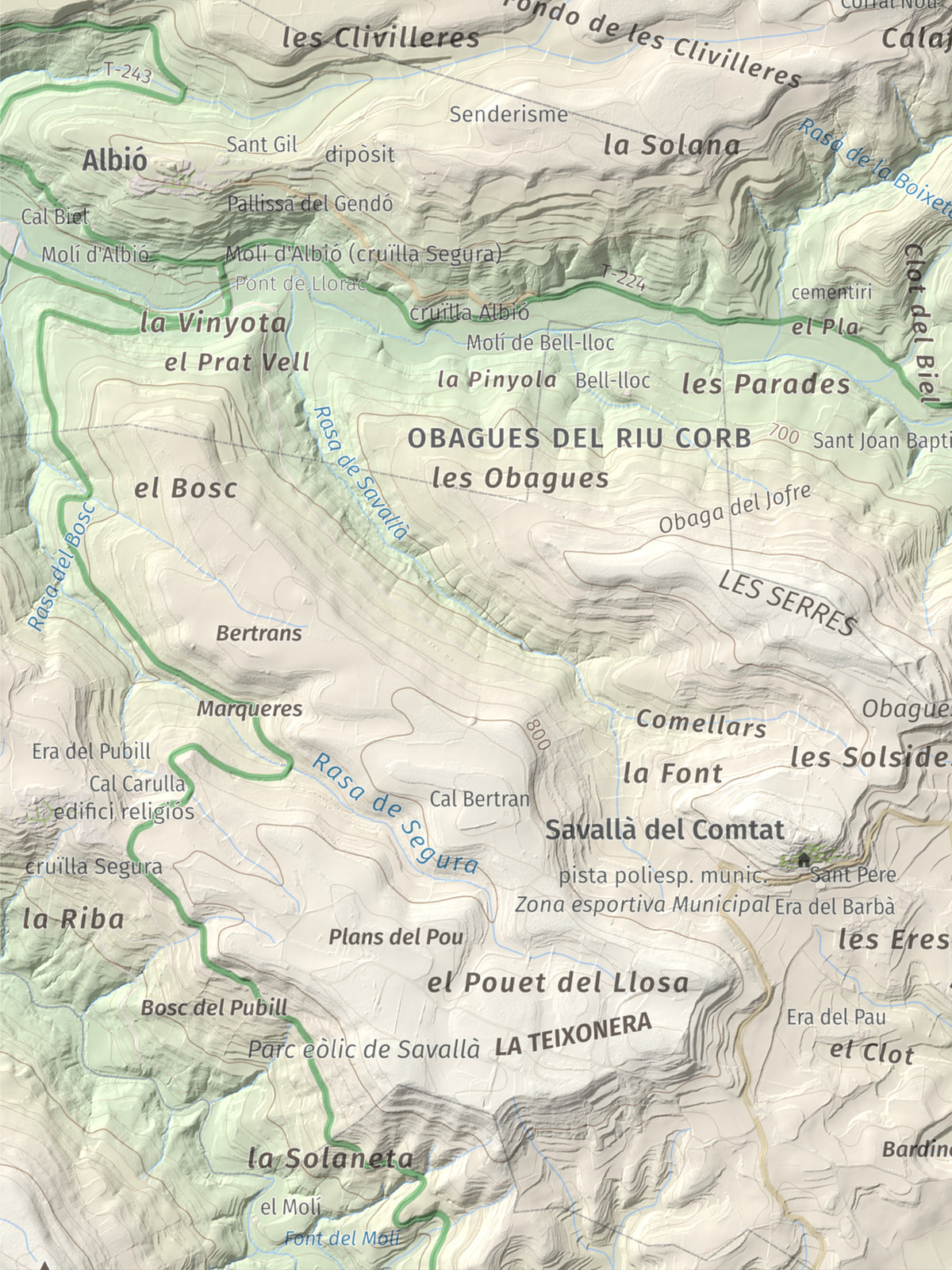 Mapa de relieve de Tossal de Suró, 828 m, Segarra, lámina 100 Cims de Trobart. Detalle de la zona inferior izquierda. 30 × 40 cm.
