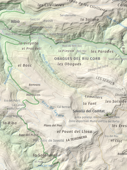 Mapa de relieve de Tossal de Suró, 828 m, Segarra, lámina 100 Cims de Trobart. Detalle de la zona inferior izquierda. 30 × 40 cm.
