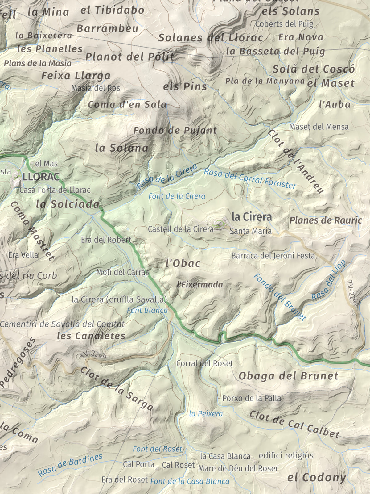 Mapa de relieve de Tossal de Suró, 828 m, Segarra, lámina 100 Cims de Trobart. Detalle de la zona inferior derecha. 30 × 40 cm.
