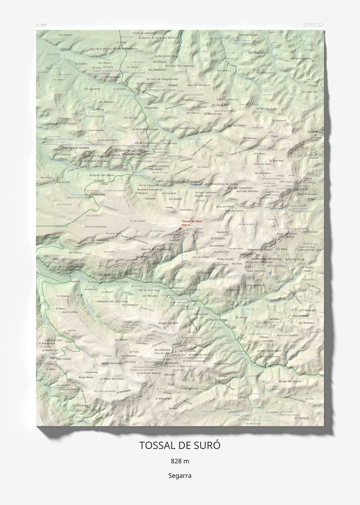 Mapa de relieve de Tossal de Suró, 828 m, Segarra, lámina 100 Cims de Trobart 50 × 70 cm.