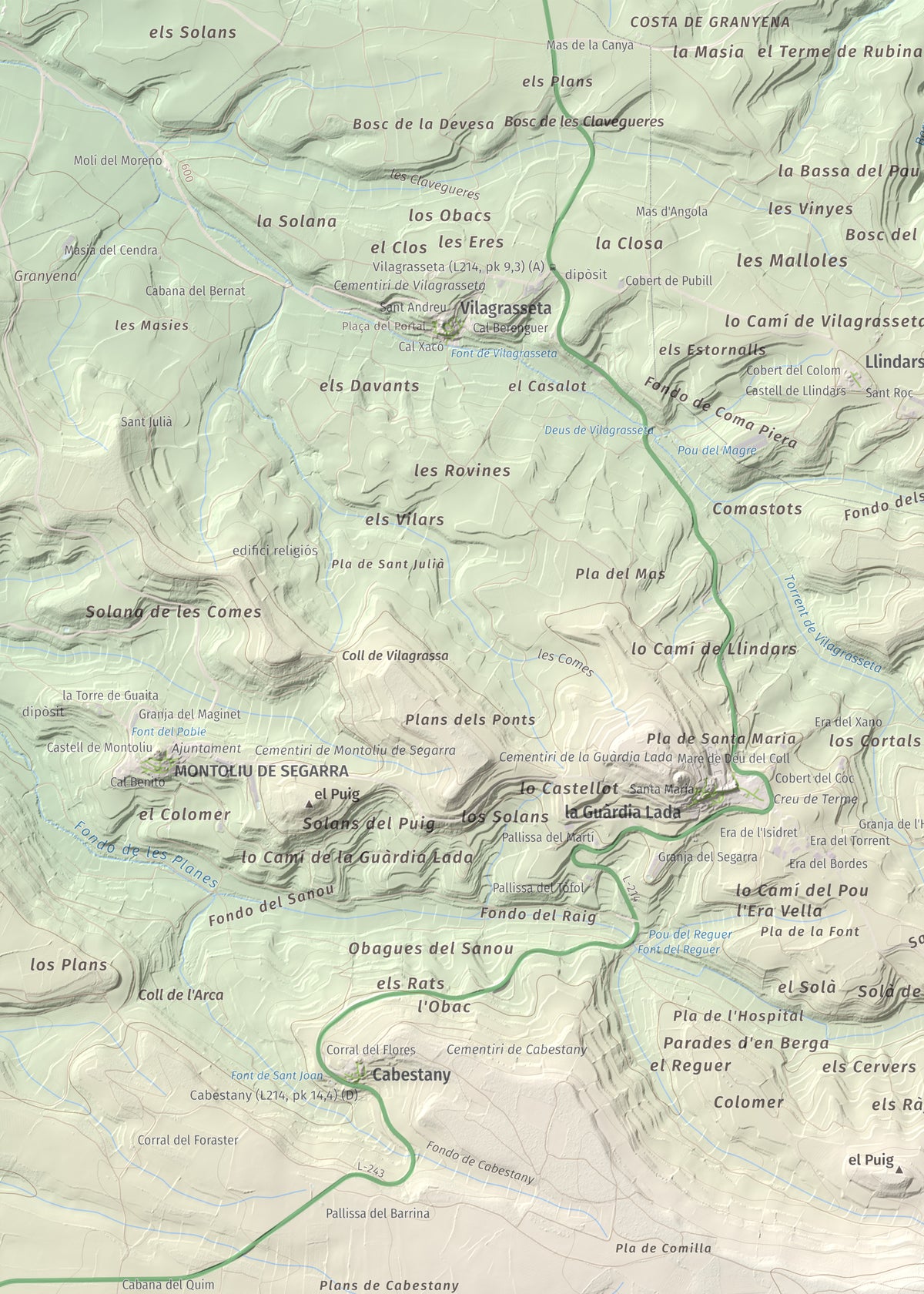 Mapa de relieve de Tossal de Suró, 828 m, Segarra, lámina 100 Cims de Trobart. Detalle de la zona superior izquierda. 50 × 70 cm.