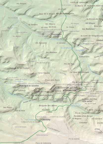 Mapa de relieve de Tossal de Suró, 828 m, Segarra, lámina 100 Cims de Trobart. Detalle de la zona superior izquierda. 50 × 70 cm.