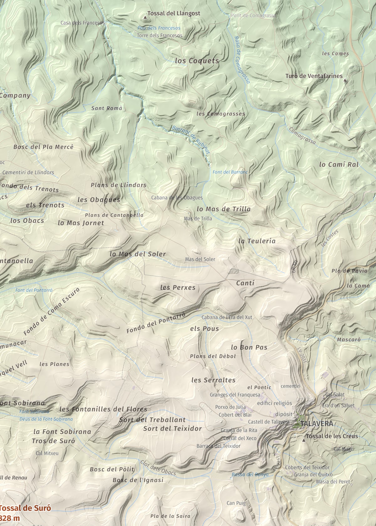 Mapa de relieve de Tossal de Suró, 828 m, Segarra, lámina 100 Cims de Trobart. Detalle de la zona superior derecha. 50 × 70 cm.