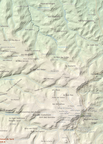 Mapa de relieve de Tossal de Suró, 828 m, Segarra, lámina 100 Cims de Trobart. Detalle de la zona superior derecha. 50 × 70 cm.