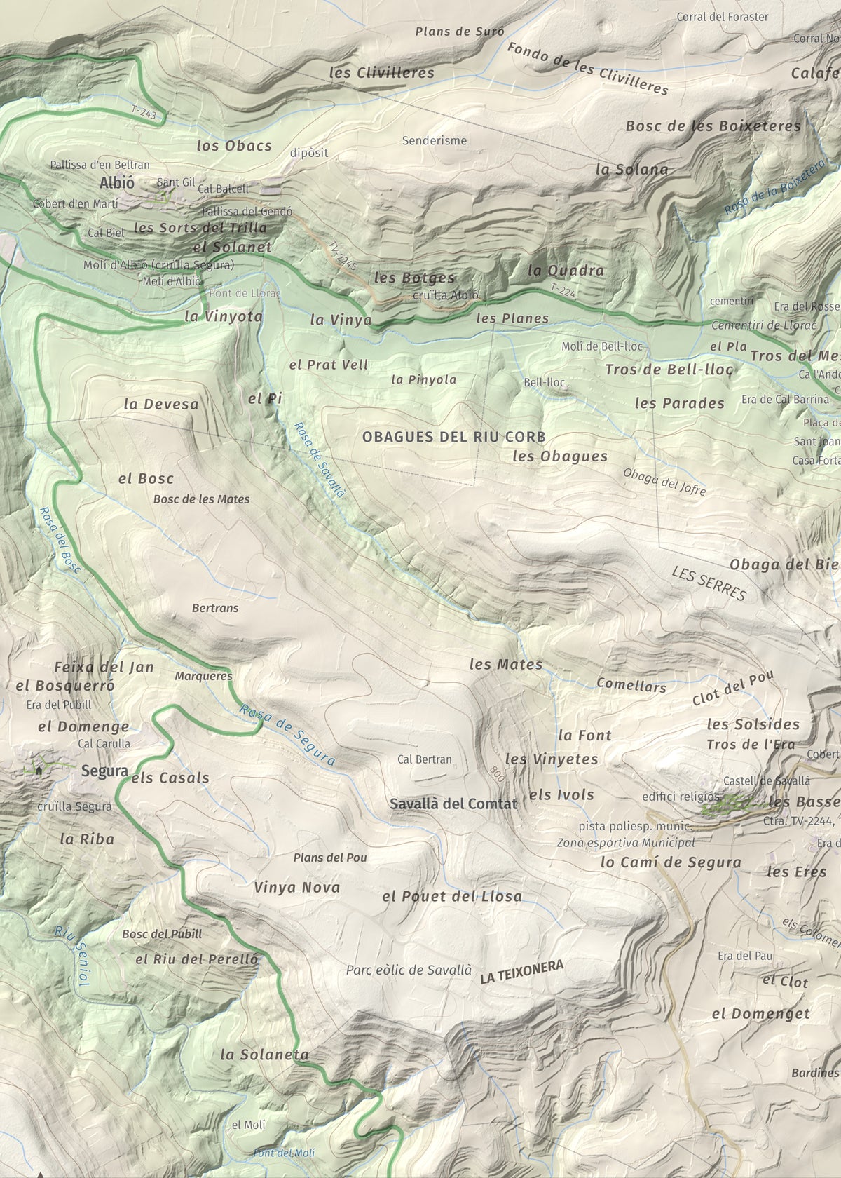 Mapa de relieve de Tossal de Suró, 828 m, Segarra, lámina 100 Cims de Trobart. Detalle de la zona inferior izquierda. 50 × 70 cm.